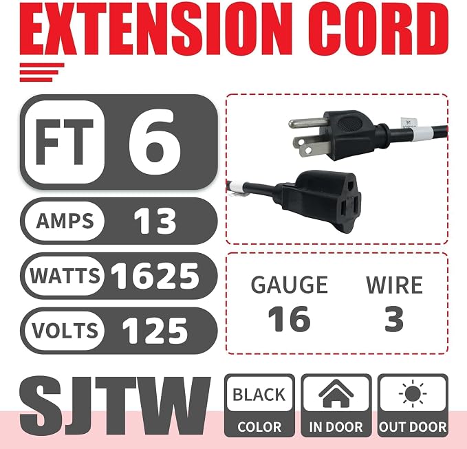 EP 6FT Black Outdoor Extension Cord, 16/3 SJTW Heavy Duty Waterproof, 3 Prong - Image 2