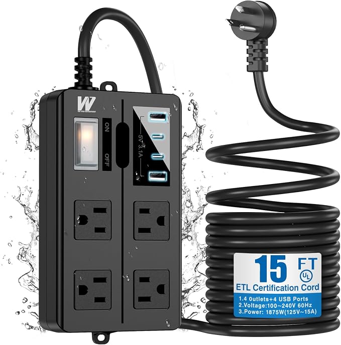 15FT Outdoor Waterproof Power Strip Surge Protector by Unknown