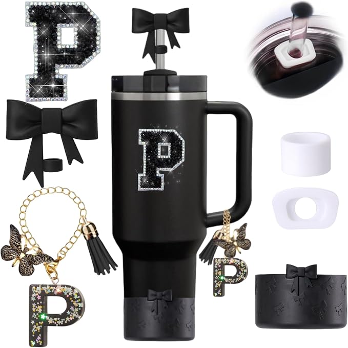 6pcs Black Stanley Cup Accessories Set, Bow Straw Topper by MOTEERLLU