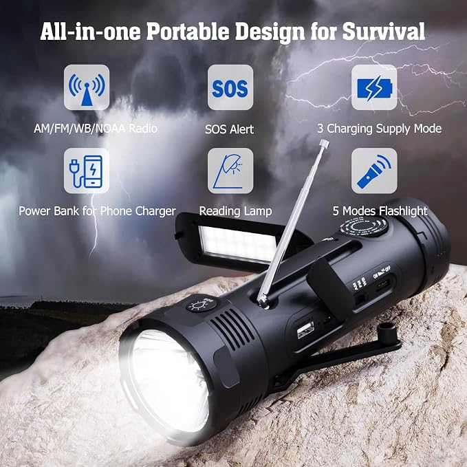 PPLEE Emergency Weather Radio NOAA Certified, Hand Crank Solar Flashlight Radio - Image 2