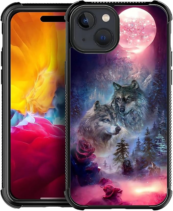 for iPhone 15 Plus Case, Star Two Wolfs Howling Pattern Graphic Design Girl Boy by FKBRCL4U