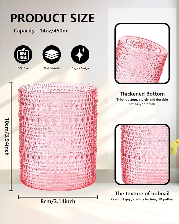 YOUBET 24PCS Plastic Drinking Glasses - 14OZ Pink Hobnail Drinkware Glasses - - Image 2