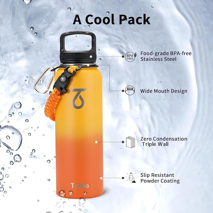 Trebo 40oz Water Bottle with 3 Lid and handle, Vacuum Insulated Stainless Steel - Image 6