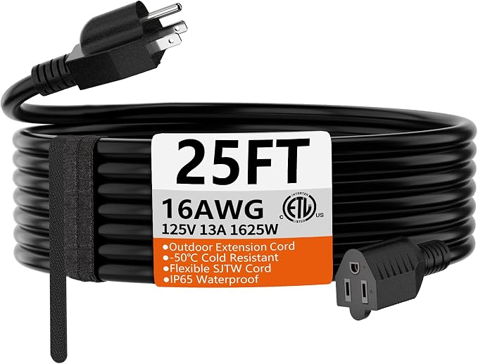 HUANCHAIN 25 FT 16 Gauge Black Indoor Outdoor Extension Cord Waterproof by huanchain