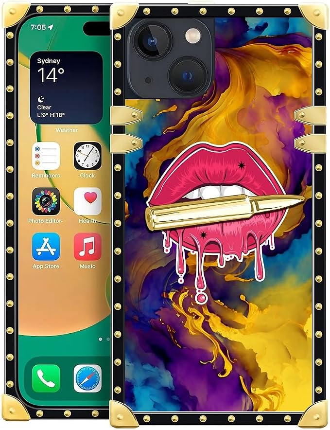 Compatible with iPhone 14 Case, Cool Corlorful Lip Marble Luxury Golden by Unknown