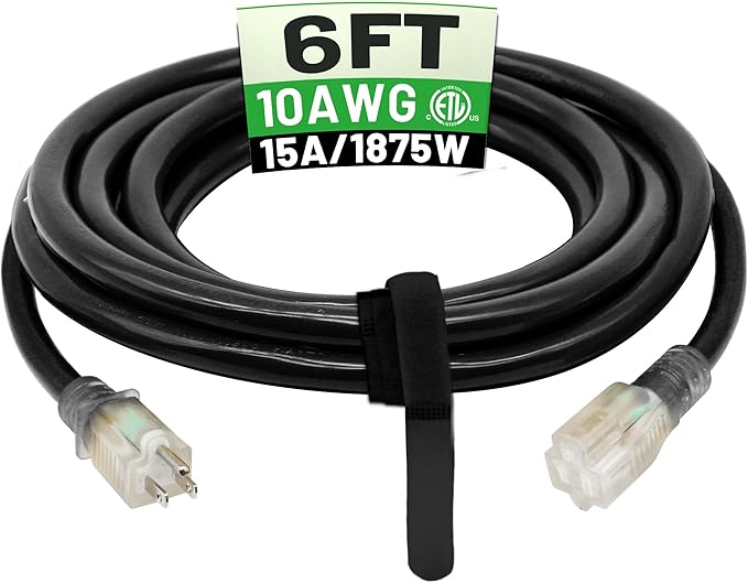POWGRN 6 Ft 10AWG Black Outdoor Extension Cord Waterproof Heavy Duty 10 Gauge 3 by POWGRN