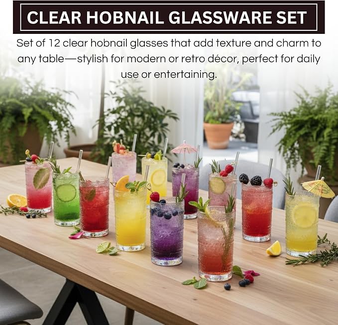 12-Piece Hobnail Drinking Glasses Set, 12 oz Large Vintage Highball Glassware - Image 3
