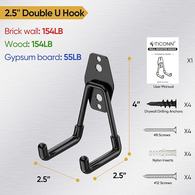 TICONN 2 Pack Heavy Duty Garage Hooks, Steel Utility Wall Storage Hooks - Image 4