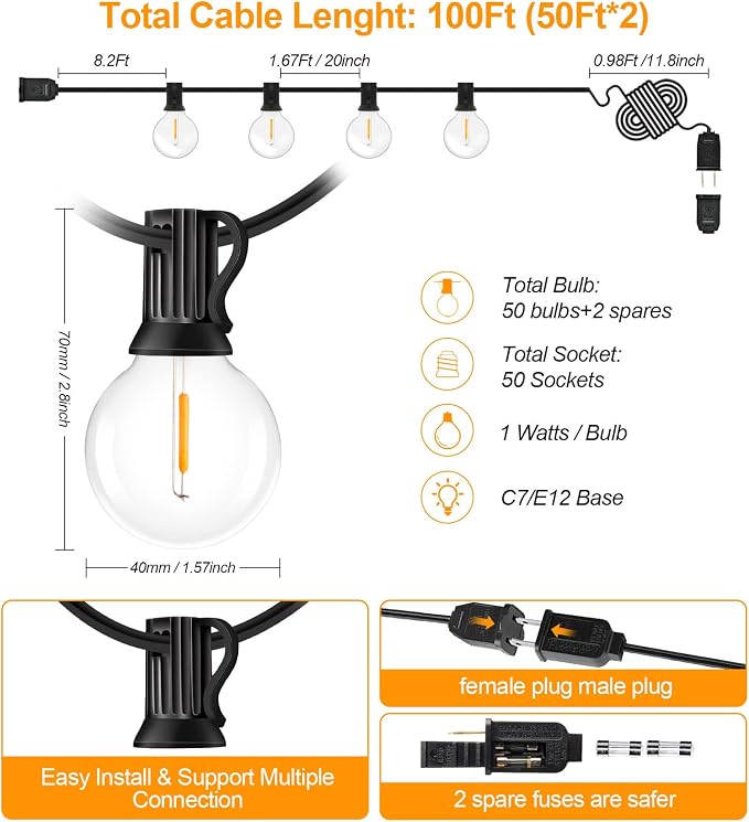 Outdoor String Lights - 100FT 2Pack G40 Globe Patio - Image 4