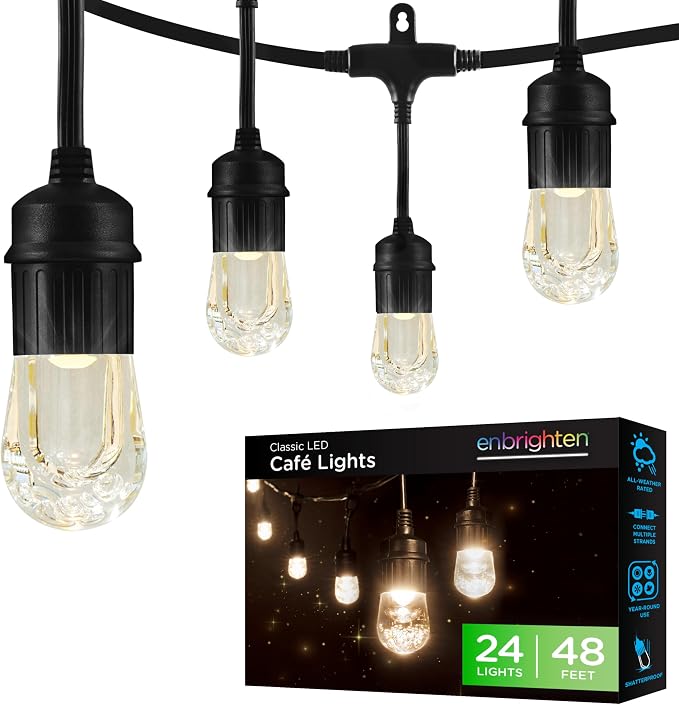 Enbrighten Classic Warm White String Lights, 48ft Black Cord, 24 Shatterproof by Enbrighten