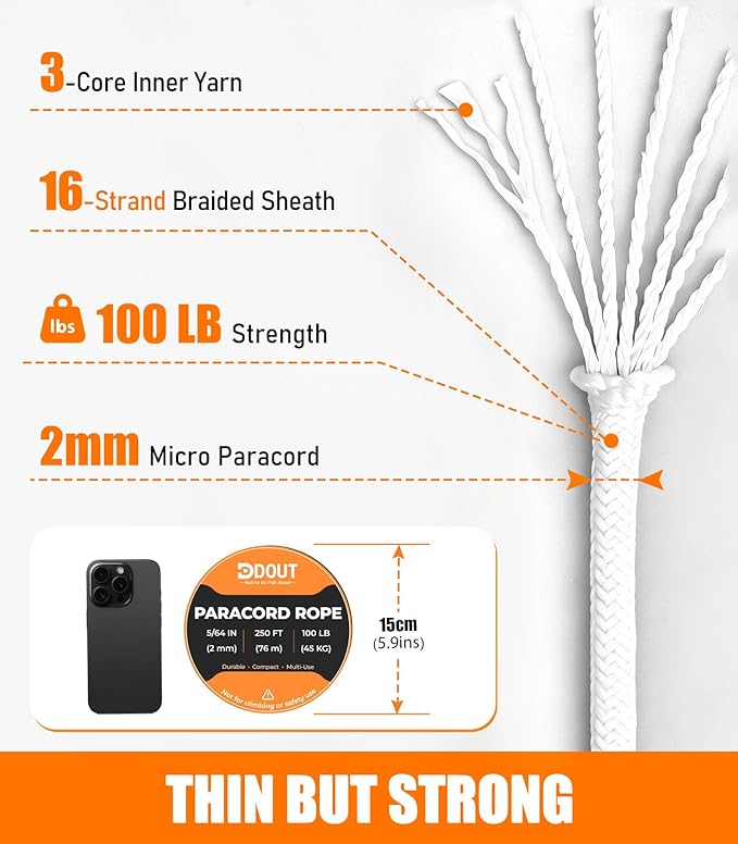 DDOUT 2mm Paracord 100lb, Thin Micro Paracord Rope, DIY Projects, Camping & - Image 2