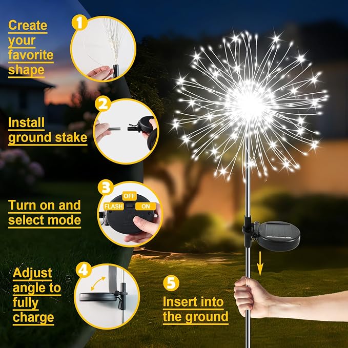 Solar Garden Lights Outdoor, 2 Pack 120 LED Twinkling Firework Lights Decorative - Image 6