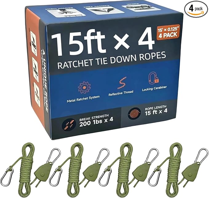 Longer 15ft Ratchet Straps Ropes Tie Down Rope Strap Small Mini Reflctive by KOKKOYA