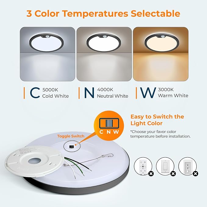 BLNAN Motion Sensor Ceiling Light Wired, 8.7 Inch 3000K 4000K 5000K Selectable - Image 2