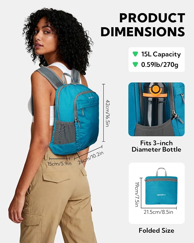 WATERFLY Packable Lightweight Small Backpack: 15L Foldable Mini Hiking Daypack - Image 3