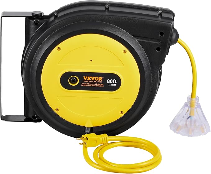 VEVOR 80FT Retractable Extension Cord Reel, 12AWG/3C SJTOW Heavy Duty Power - Image 10
