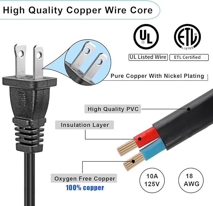 10 FT 2 Prong Extension Cord, Male/Female Power Cable - Image 2