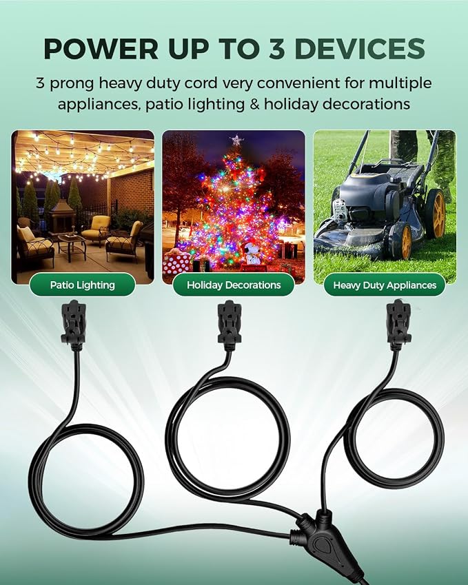 28 Ft Outdoor Extension Cord, 1 to 3 Splitter Heavy Duty Weatherproof Power Cord - Image 3