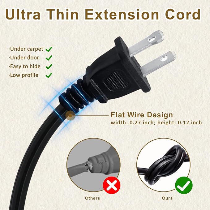 25 FT 2 Prong Extension Cord, 18AWG SPT-2 Indoor Male to Female Power Cord ETL - Image 5