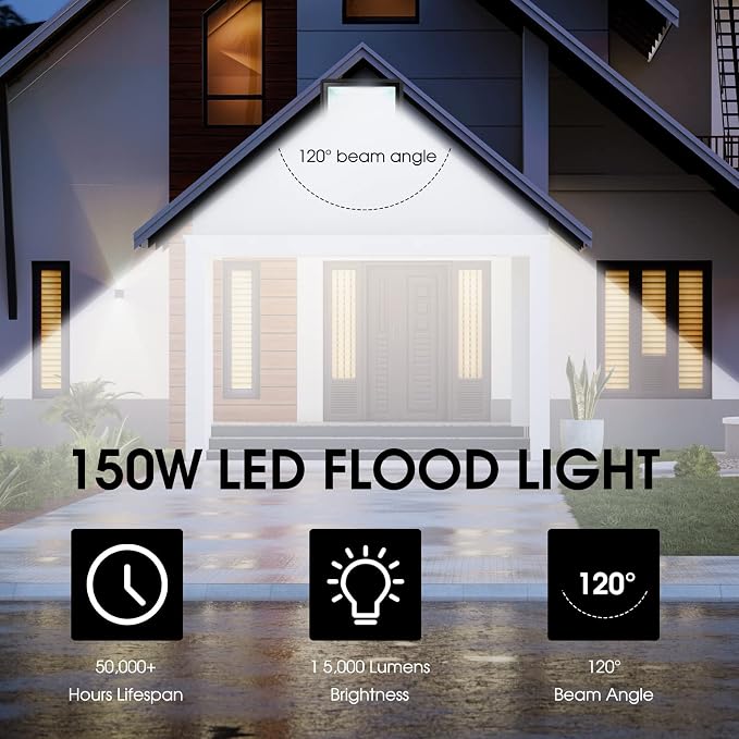 XYCN 150W LED Flood Light Outdoor, 2 Pack 15500LM Super Bright Security Light - Image 5