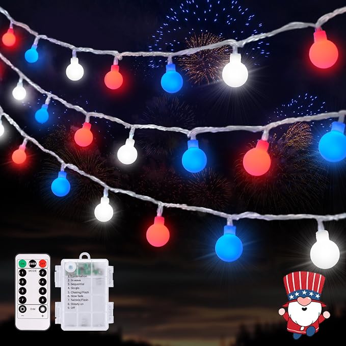 JMEXSUSS Red White and Blue Lights Battery Operated, 33ft 4th of July Lights by JMEXSUSS