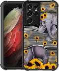 for Samsung Galaxy S21 Ultra Case, Cute Little Elephant Sunflower White Line by FKBRCL4U
