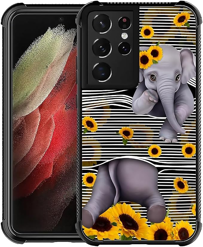 for Samsung Galaxy S21 Ultra Case, Cute Little Elephant Sunflower White Line by FKBRCL4U
