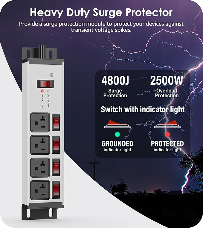 CCCEI Heavy Duty Surge Protector Power Strip 20 Amp Individual Switches. 4FT 12 - Image 2