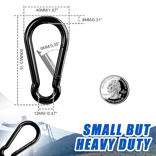 Carabiner Clip Hook, 3.15 inch 15 pcs Black Heavy Duty Spring Snap Hook Key - Image 3