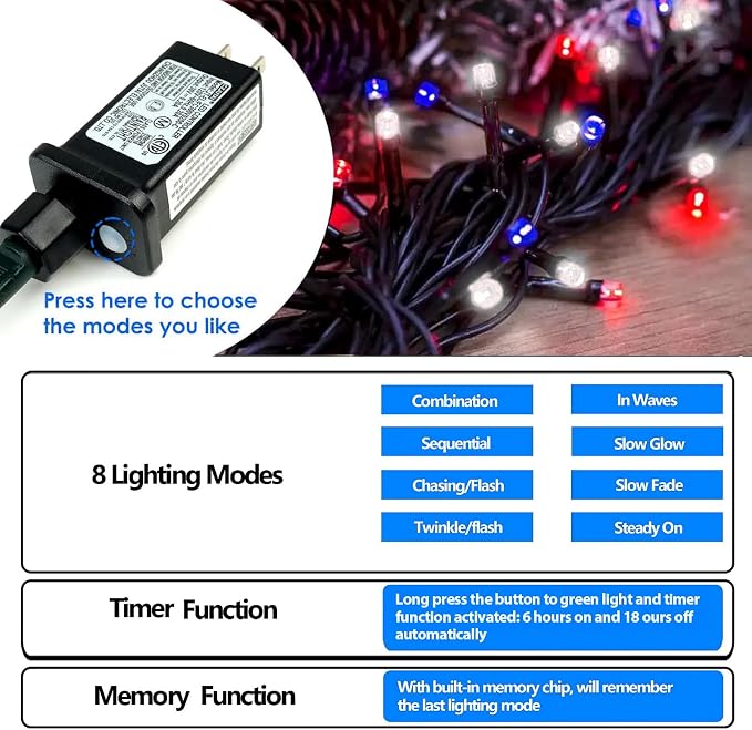 200 LED Red White and Blue Christmas String Lights Outdoor Indoor, 75.8 FT 4th - Image 6