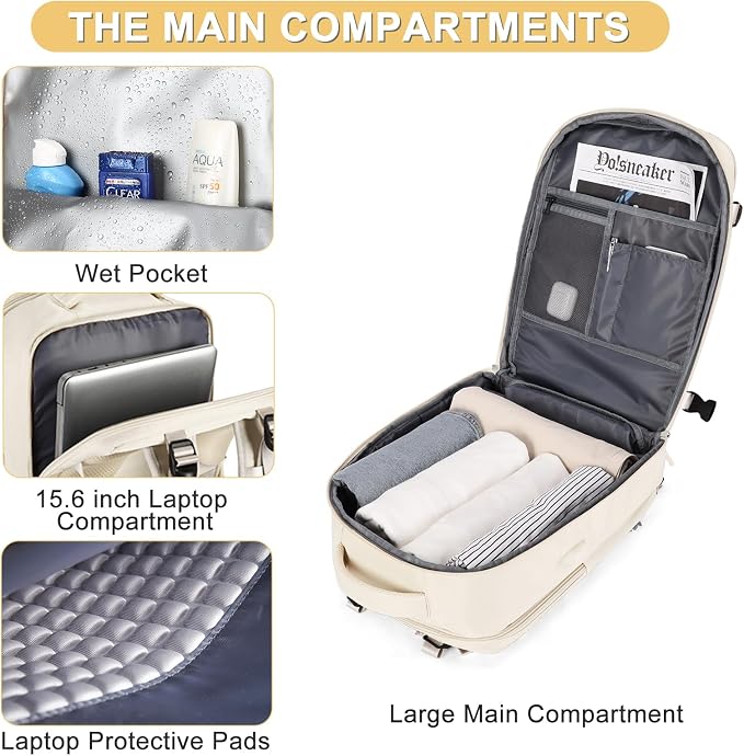 Beige Large Travel Backpack For Women Men Airline Approved Personal Item - Image 4