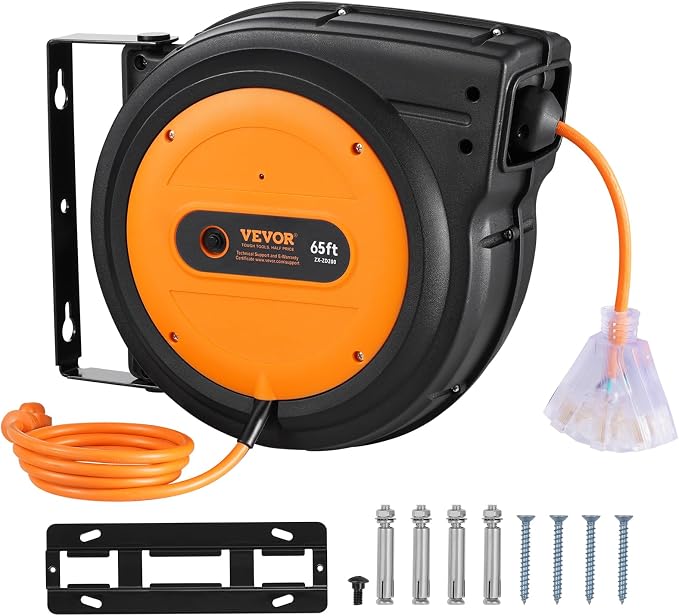 VEVOR Retractable Extension Cord Reel, 65 FT, Heavy Duty 12AWG/3C SJTOW Power by VEVOR