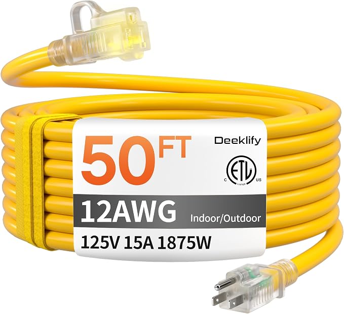 12 Gauge 50 FT Heavy Duty Outdoor Extension Cord Waterproof by Deeklify