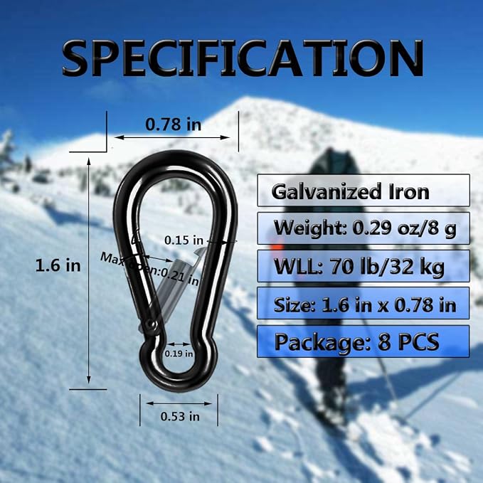 Black Carabiner Clip, Heavy Duty Spring Snap Hook Quick Link - Image 2