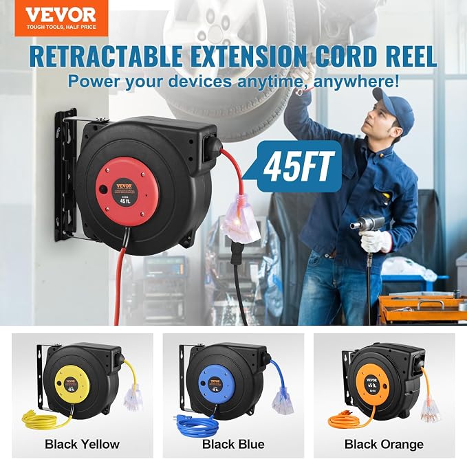 VEVOR Retractable Extension Cord Reel, 45 FT, Heavy Duty 12AWG/3C SJTOW - Image 2