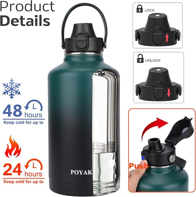 Water Bottle Insulated 32oz 40oz 64oz 128oz Straw Lid Spout Lid & 3 Lids - Image 2