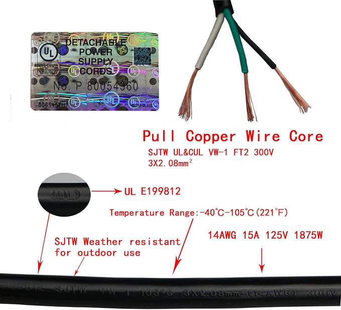 10Feet Outdoor Extension Cord, 105℃ Temperature Resistant 15Amp Big Plug - Image 4