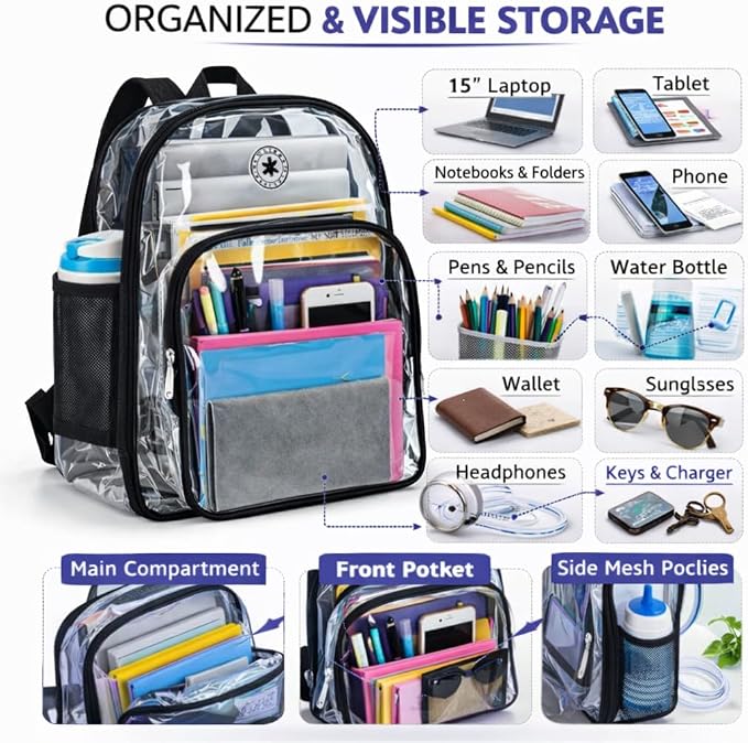 K-Cliffs Large Transparent Backpack Clear Heavy Duty School Bag Durable Student - Image 7