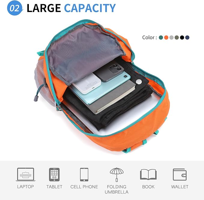Hiking Daypack Packable, Camping Backpack Water Resistant Lightweight Polyester - Image 3