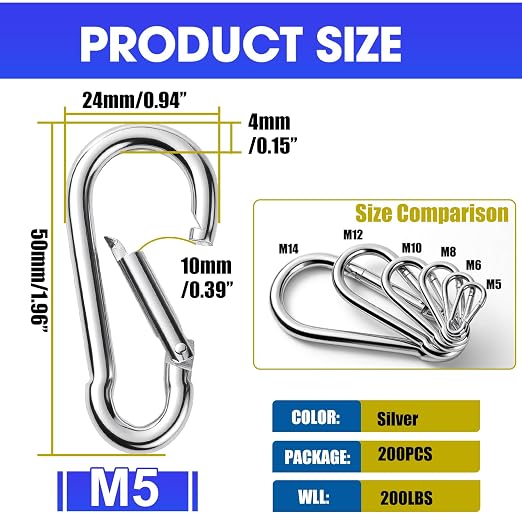 200Pack M5 Spring Snap Hooks Carabiner, 3/16" Heavy Duty Carabiner Clips Chain - Image 2