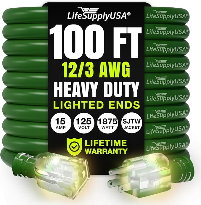 100ft Outdoor/Indoor Extension Cord 12/3 Gauge Extra Heavy Duty 3 Prong SJTW by LifeSupplyUSA