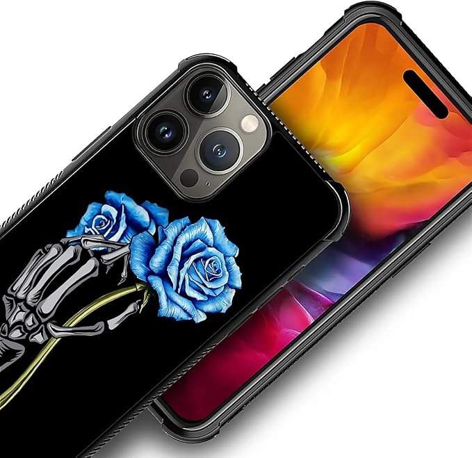 for iPhone 16 Pro Case, Skeleton Holding Blue Rose Pattern Graphic Design Girl - Image 4