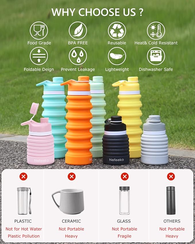 Nefeeko Collapsible Water Bottle, 26oz Silicone Foldable Water Bottles - Image 2