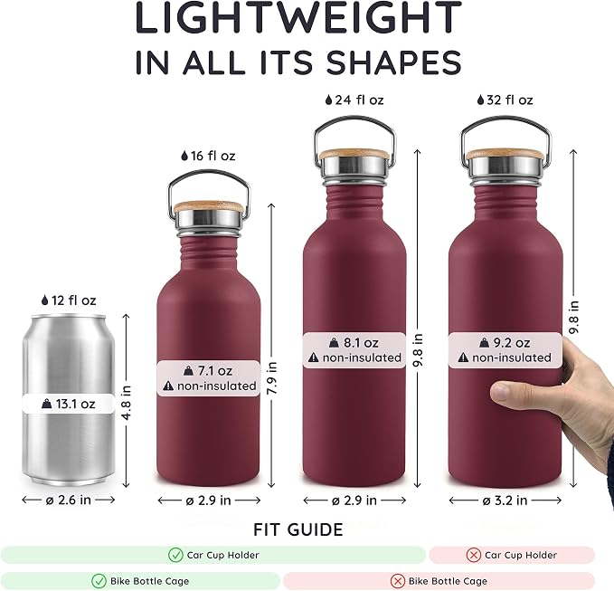 Bambaw 16 oz Water Bottle Non-insulated, Metal Water Bottle Red, Single Walled - Image 5