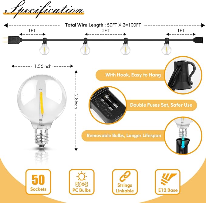 100FT LED Outdoor String Lights Patio Light - Image 6