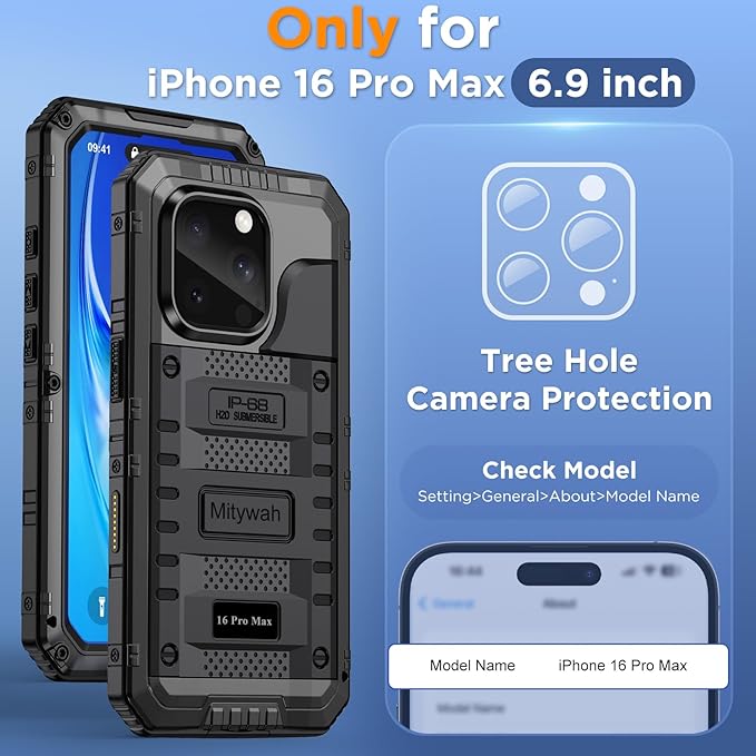 Mitywah Waterproof Case for iPhone 16 Pro Max, Heavy Duty Metal Cover - Image 2