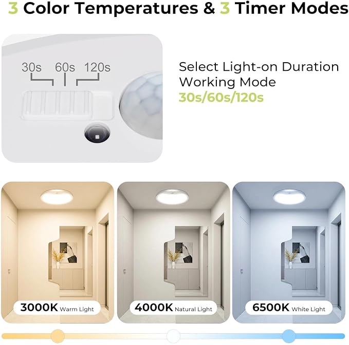 hepside 2 Pack Motion Sensor Ceiling Light Wired, 3000K/4000K/6500K LED Flush - Image 2