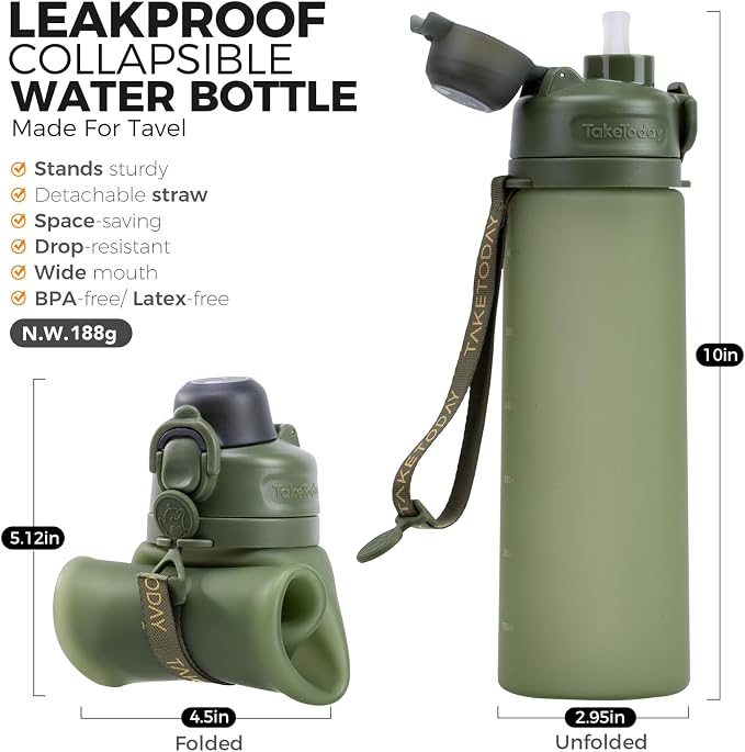 TakeToday Collapsible Water Bottles 21oz, Foldable Platinum Silicone Travel - Image 2