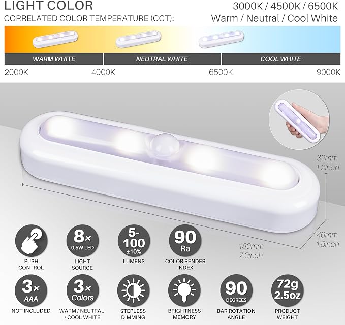 STAR-SPANGLED 3 Pack 7” Dimmable Push Tap Lights, Stick on LED Touch Lights AAA - Image 3