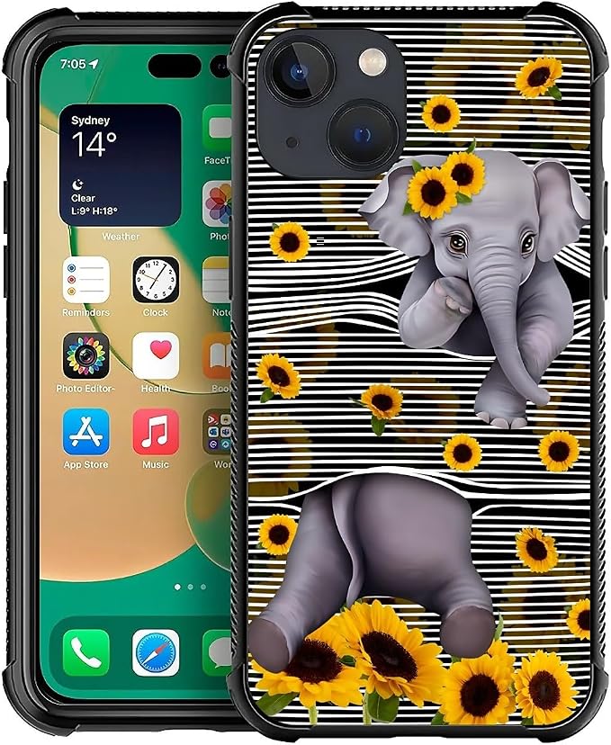 for iPhone 13 Mini Case, Cute Little Elephant Sunflower White Line Art Pattern by FKBRCL4U